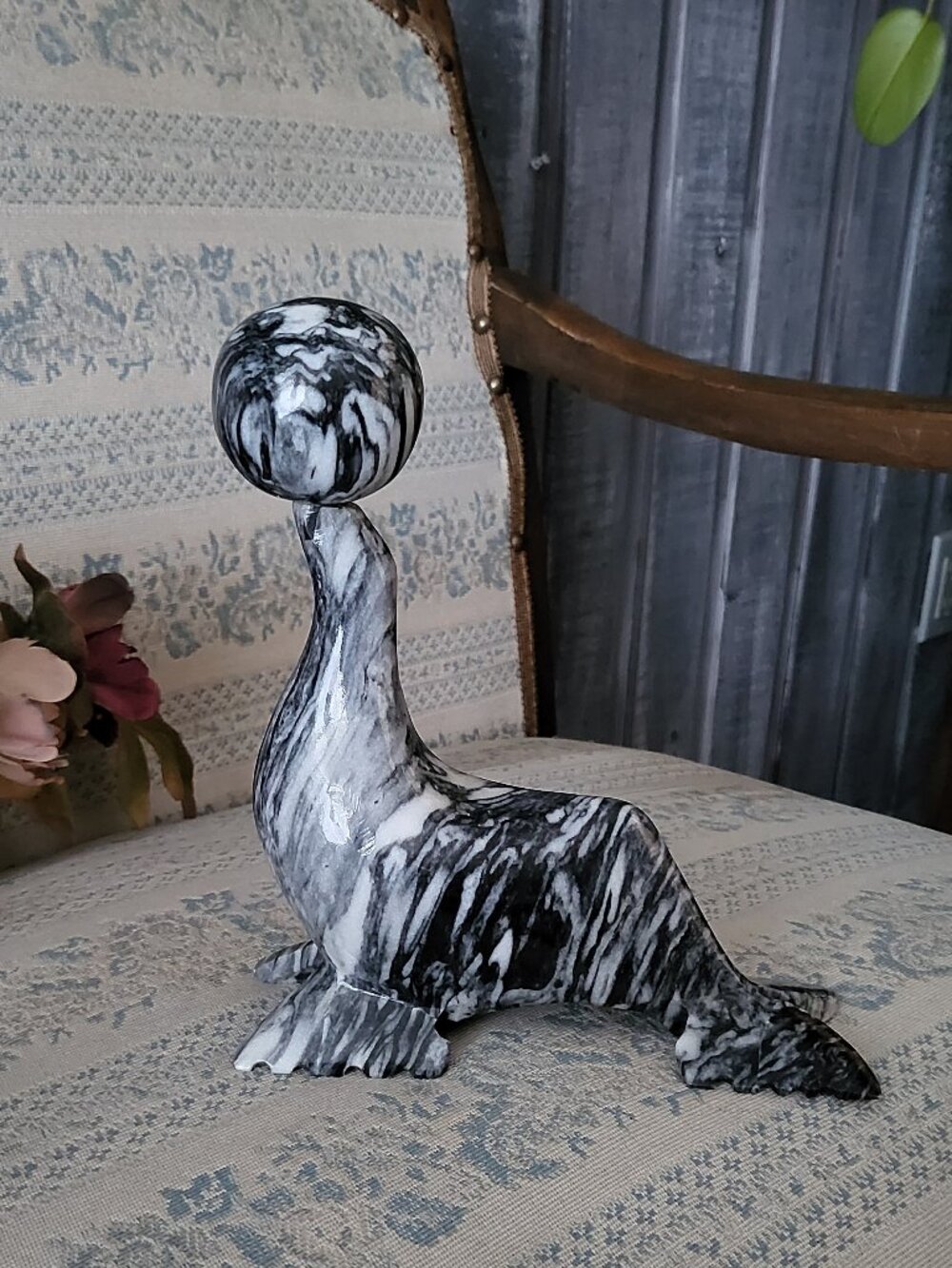 Vintage 1990s Zebra Marble Seal Figurine Balancing Ball Stone Sculpture Art